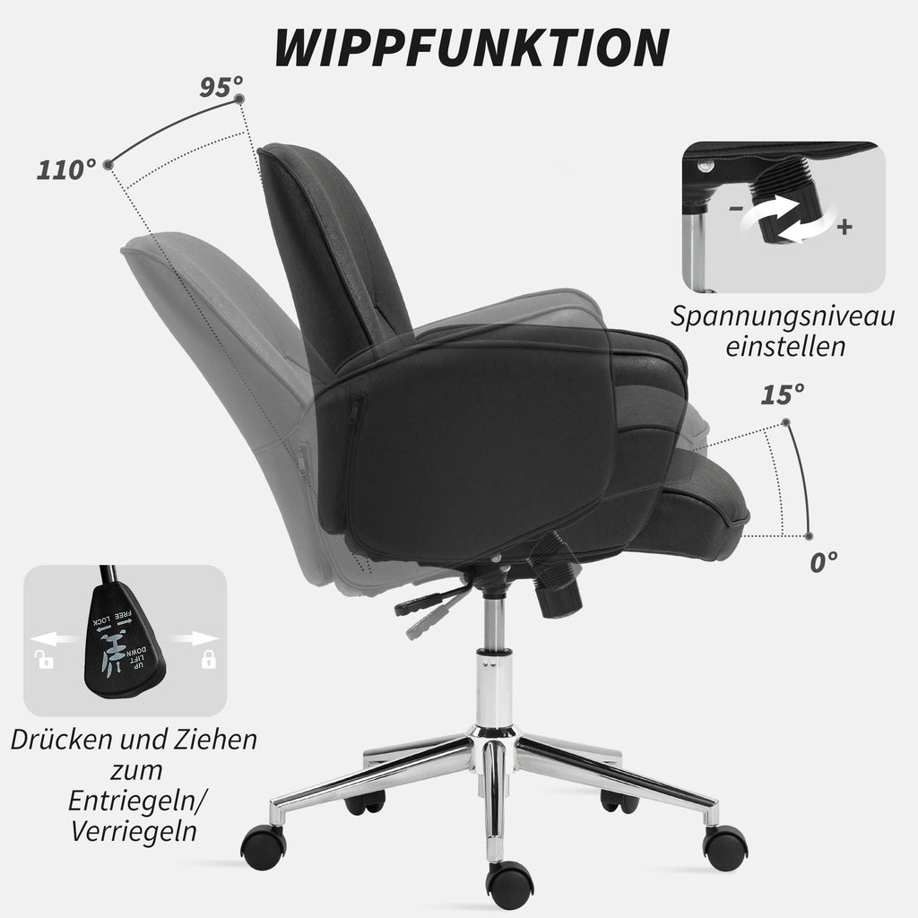 Vinsetto Bürostuhl, höhenverstellbar, atmungsaktiver Bezug, Wippfunktion, bis 120 kg, Schwarz