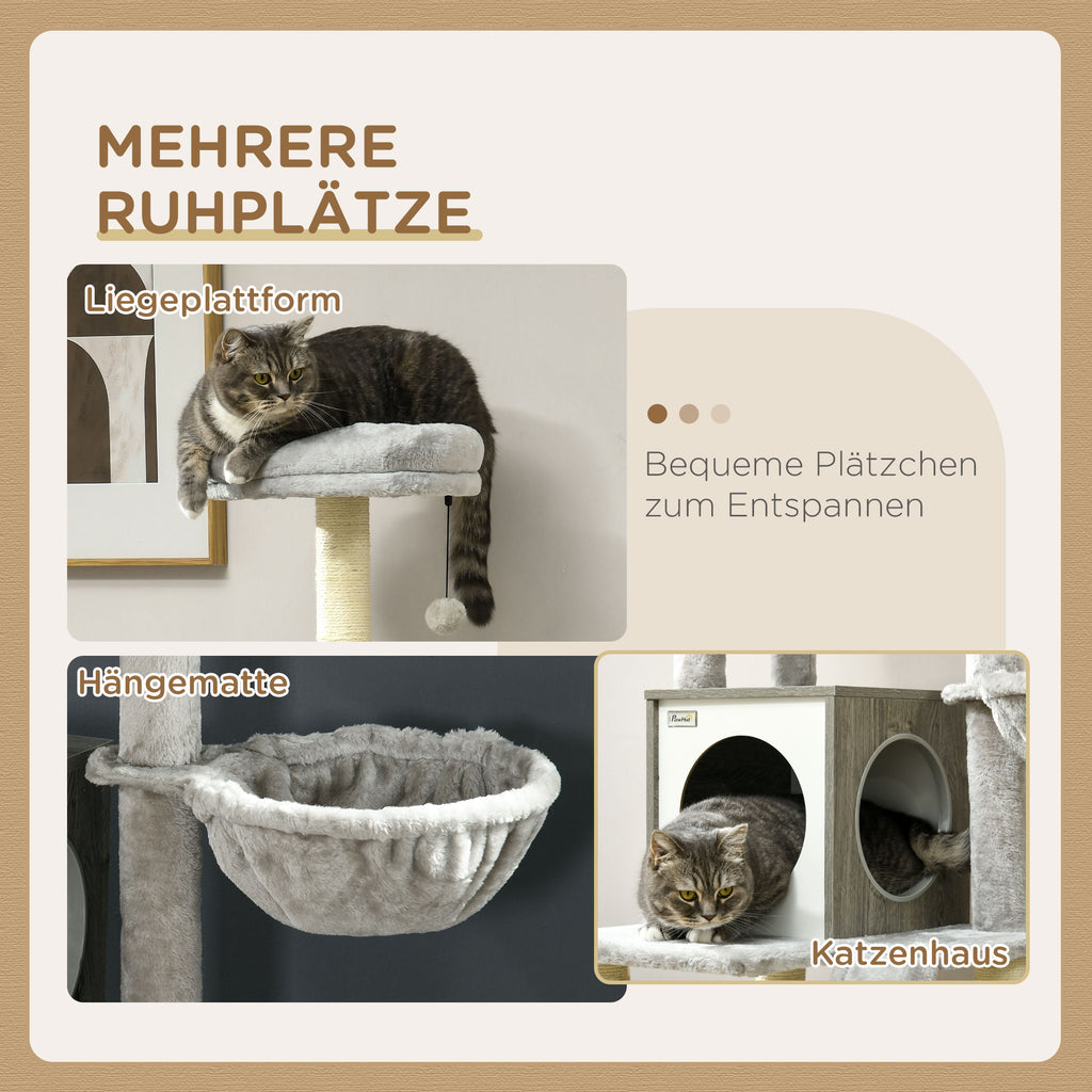 PawHut Kratzbaum mit Katzenhöhle. Katzenbaum, 1 Katzenhöhle, 1Hängematte, 1 Katzenbett, 1 Liegefläche, Natur+ Weiß + Grau