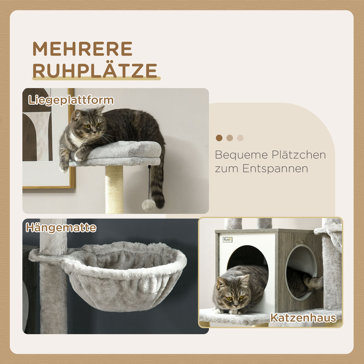 PawHut Kratzbaum mit Katzenhöhle. Katzenbaum, 1 Katzenhöhle, 1Hängematte, 1 Katzenbett, 1 Liegefläche, Natur+ Weiß + Grau