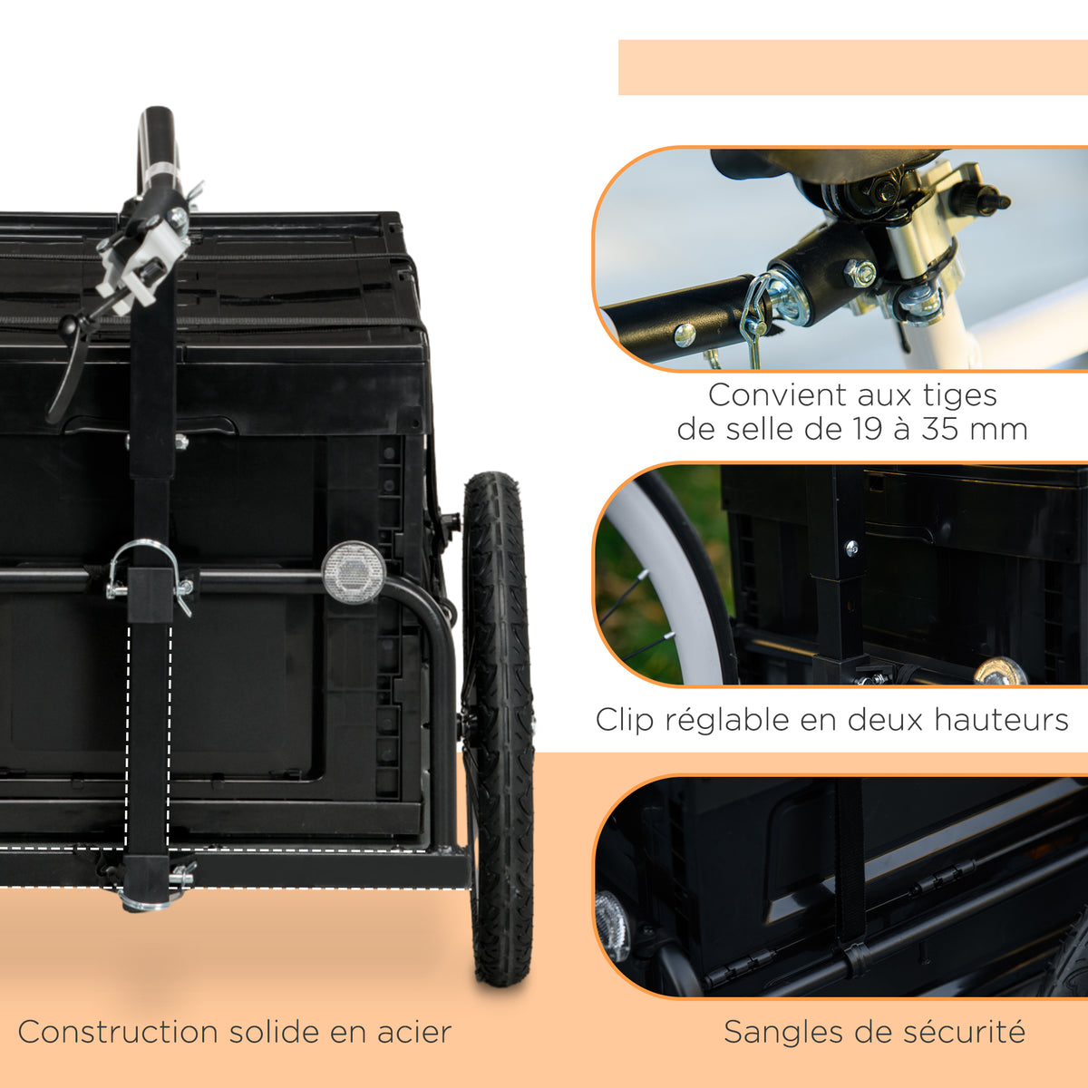 HOMCOM Fahrradanhänger mit abnehmbarem und klappbarem Lagerkasten von 65L, Sicherheitsreflektoren, max. Belastung 40KG, Schwarz