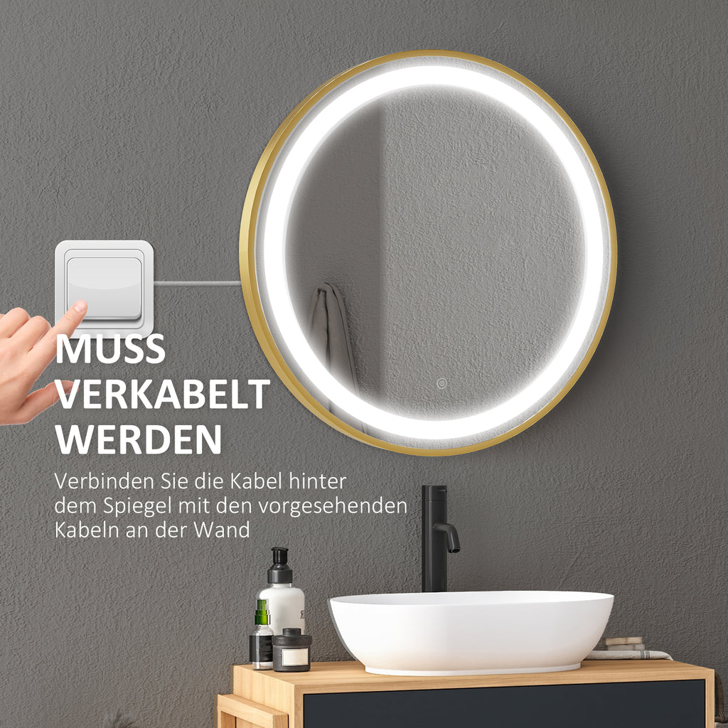 kleankin Runder Spiegel mit LED-Beleuchtung, Uhrzeitanzeige, Memoryfunktion, Gold + Silber