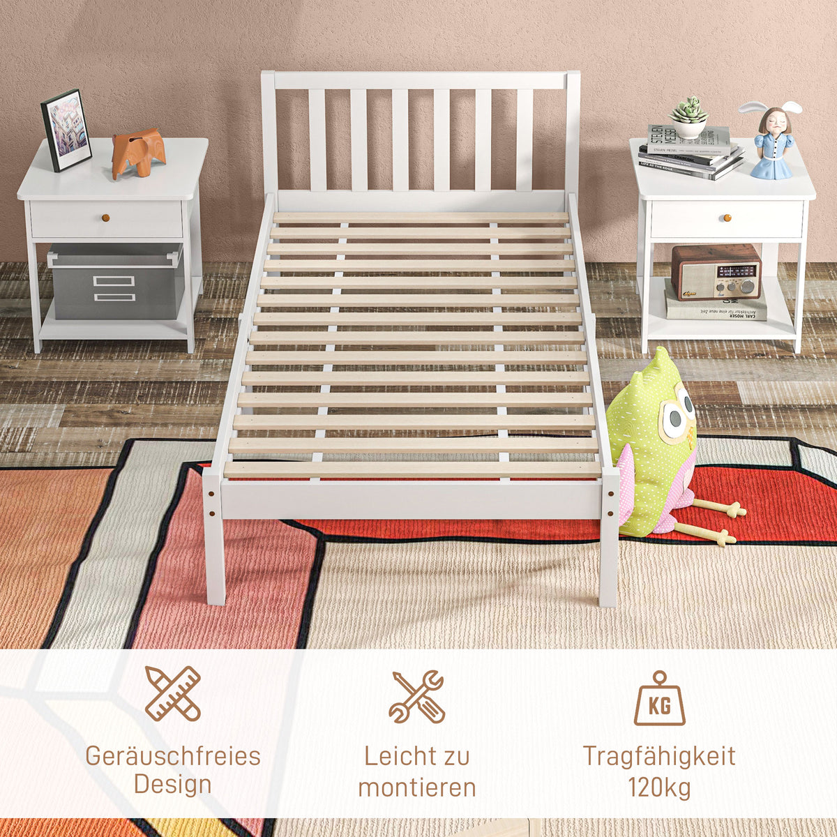 HOMCOM Einzelbettgestell, Kopfteil & Lattenrost, 26cm Freiraum unter Bett, Kiefernholz, 208x96x70 cm, Weiß